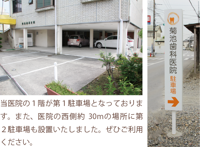 当医院の１階が第１駐車場となっております。また、医院の西側約30ｍの場所に第２駐車場も設置いたしました。ぜひご利用ください。