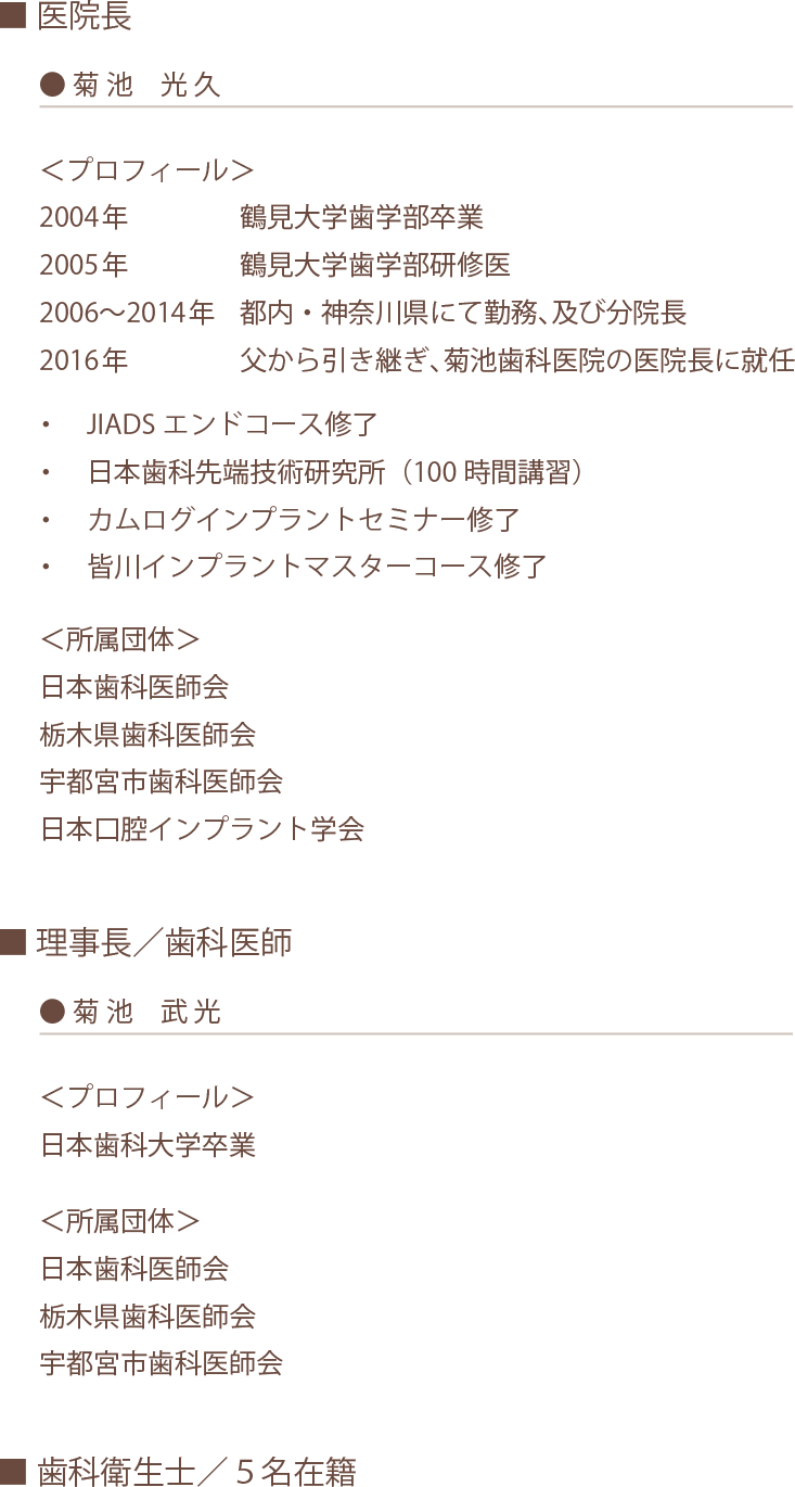 ● 菊 池　光 久　　2004年	鶴見大学歯学部卒業　2005年	鶴見大学歯学部研修医　2006〜2014年	都内・神奈川県にて勤務、及び分院長　2016年	父から引き継ぎ、菊池歯科医院の医院長に就任　・　JIADSエンドコース修了　日本歯科先端技術研究所（100時間講習）　カムログインプラントセミナー修了　皆川インプラントマスターコース修了　■ 理事長／歯科医師　● 菊 池　武 光　日本歯科大学卒業　＜所属団体＞　日本歯科医師会　栃木県歯科医師会　宇都宮市歯科医師会